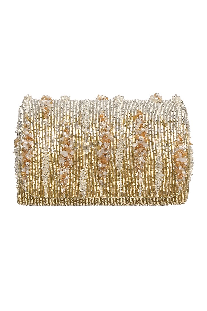 Ivory & Gold Embellished Flap-Over Clutch by Lovetobag at Pernia's Pop Up Shop
