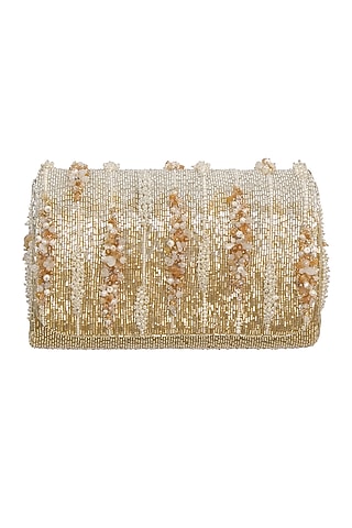 Ivory & Gold Embellished Flap-Over Clutch by Lovetobag