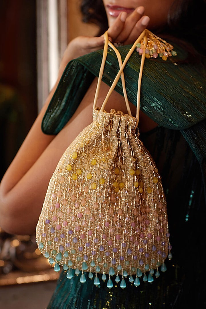 Multi-Colored Satin Crystal Hand Embroidered Potli by Lovetobag at Pernia's Pop Up Shop