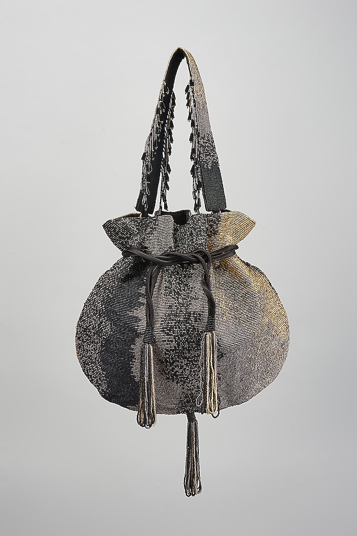 Black Satin Hand Embroidered Potli by Lovetobag at Pernia's Pop Up Shop