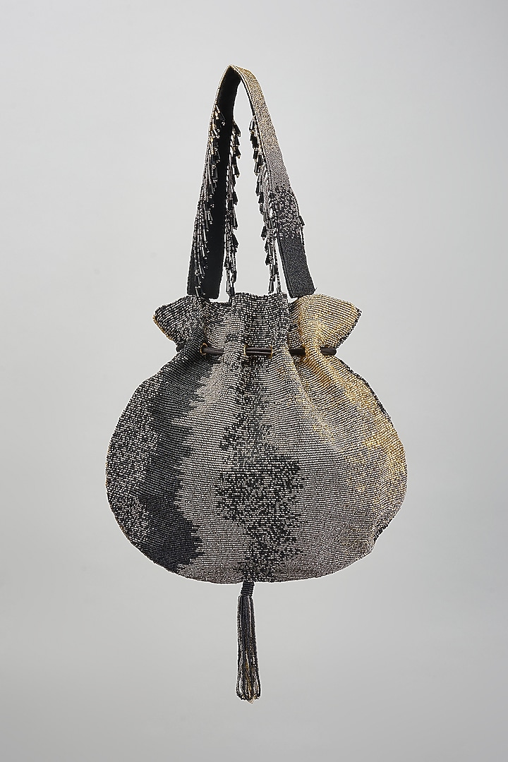 Black Satin Hand Embroidered Potli by Lovetobag at Pernia's Pop Up Shop
