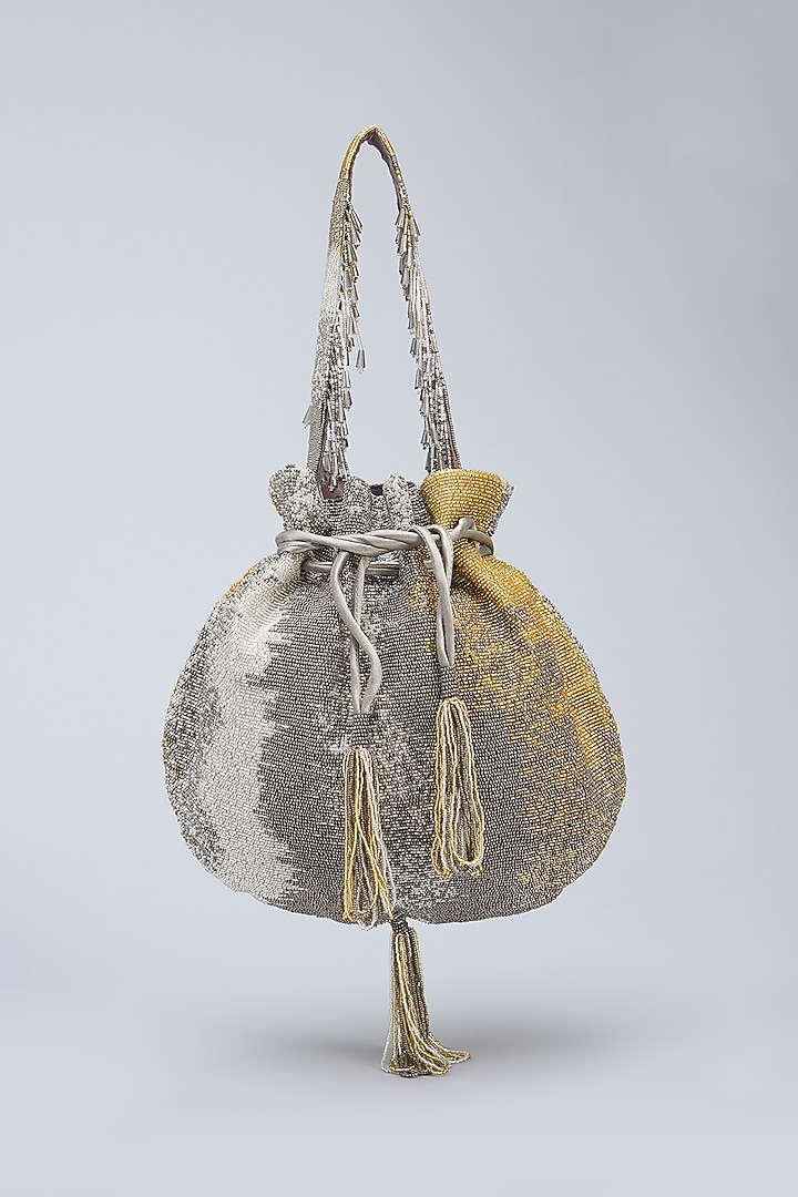 Silver Satin Hand Embroidered Potli by Lovetobag at Pernia's Pop Up Shop