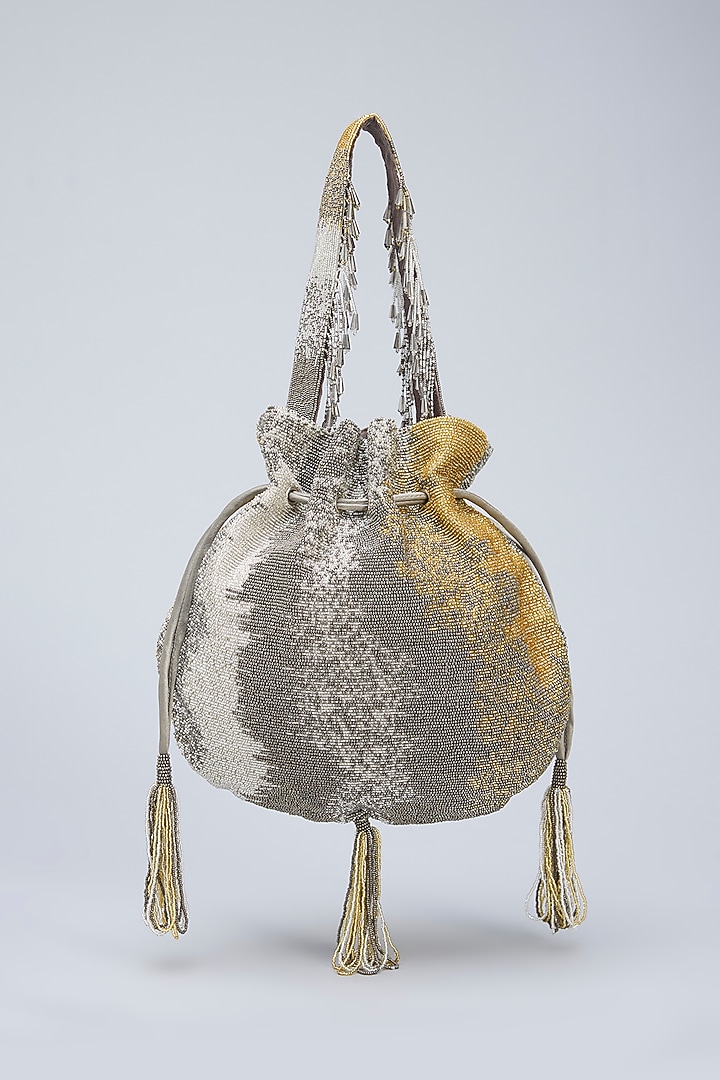 Silver Satin Hand Embroidered Potli by Lovetobag at Pernia's Pop Up Shop