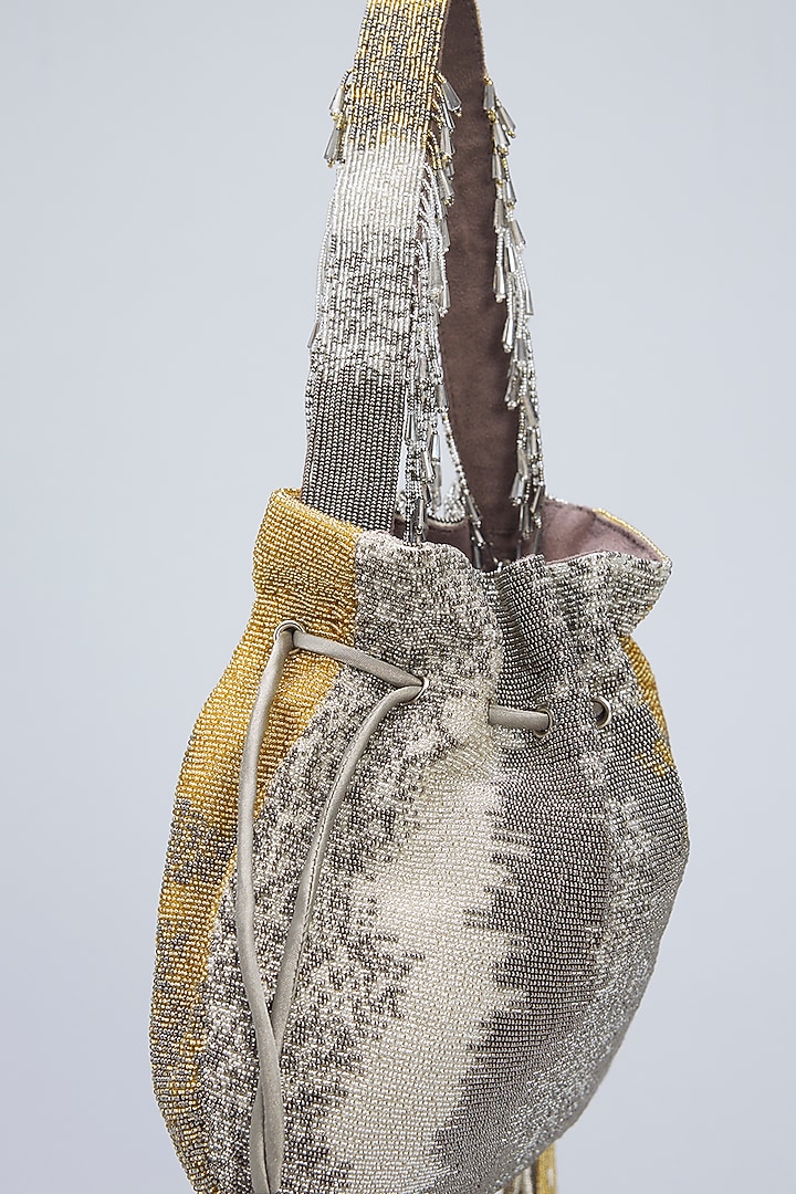 Silver Satin Hand Embroidered Potli by Lovetobag at Pernia's Pop Up Shop