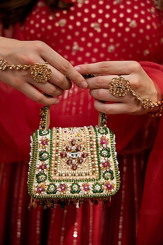 Ruby Red & Emerald Green Velvet Embellished Trapezium Clutch by Lovetobag