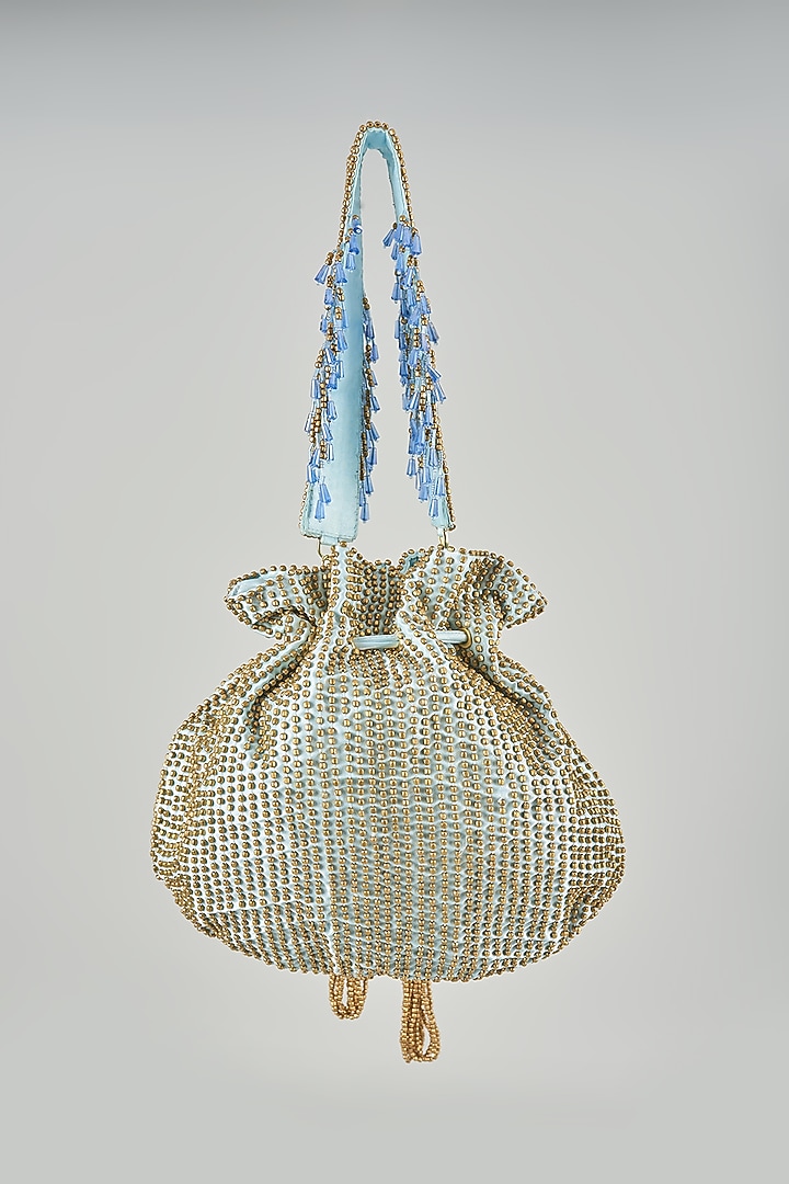 Aventurine Blue Satin Hand Embroidered Potli by Lovetobag at Pernia's Pop Up Shop