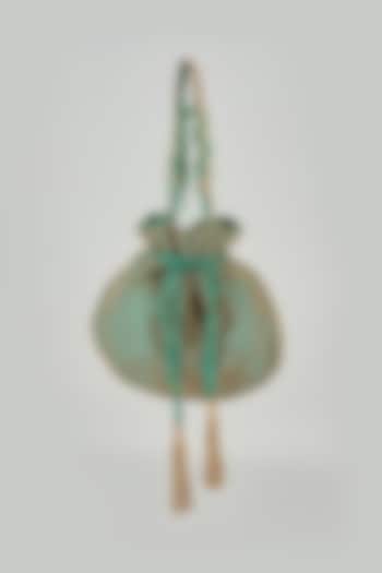 Emerald Green Satin Hand Embroidered Potli by Lovetobag at Pernia's Pop Up Shop