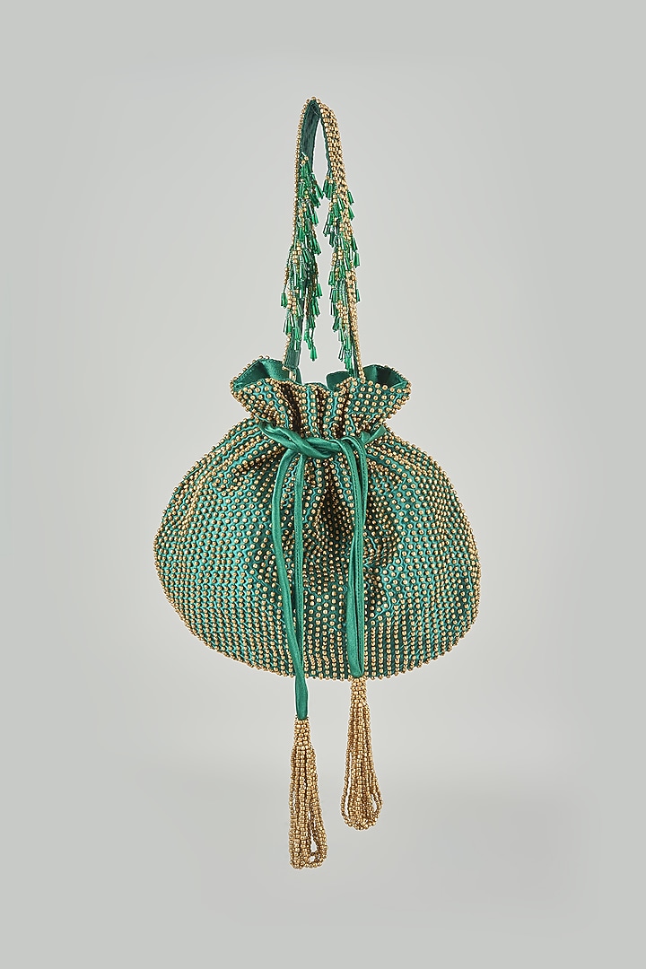 Emerald Green Satin Hand Embroidered Potli by Lovetobag at Pernia's Pop Up Shop