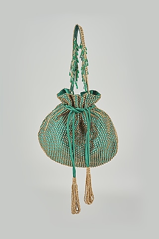 Emerald Green Satin Hand Embroidered Potli by Lovetobag