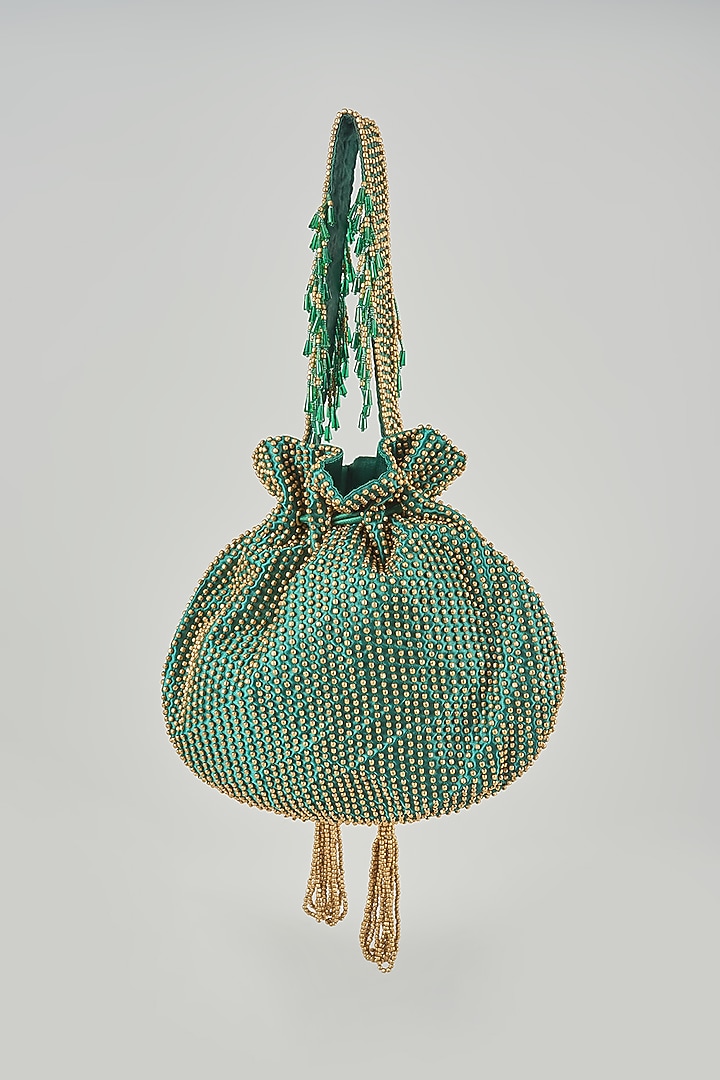 Emerald Green Satin Hand Embroidered Potli by Lovetobag at Pernia's Pop Up Shop