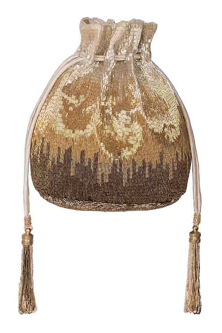 Gold Glass Bead Embroidered Potli by Lovetobag