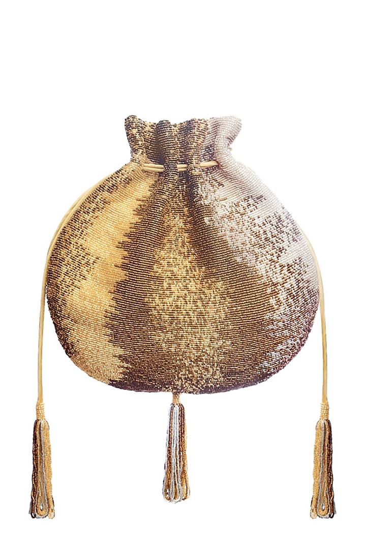 Gold Embroidered Potli With Beaded Tassels by Lovetobag