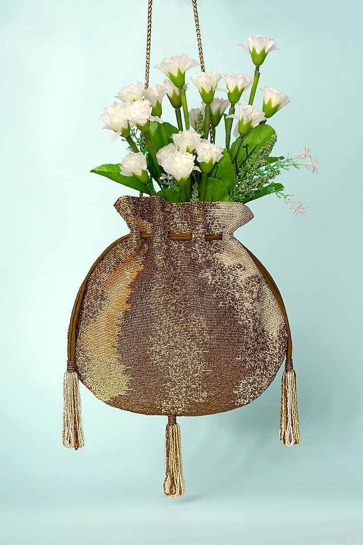 Gold Embroidered Potli With Beaded Tassels by Lovetobag at Pernia's Pop Up Shop