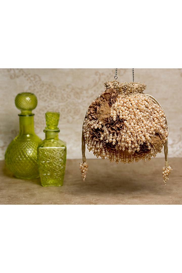 Champagne Floral Embroidered Potli by Lovetobag at Pernia's Pop Up Shop