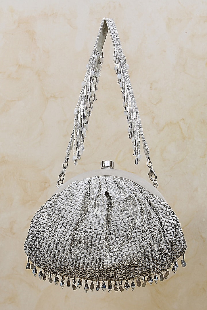 Lustrous Silver Hand Embroidered Pouch by Lovetobag at Pernia's Pop Up Shop