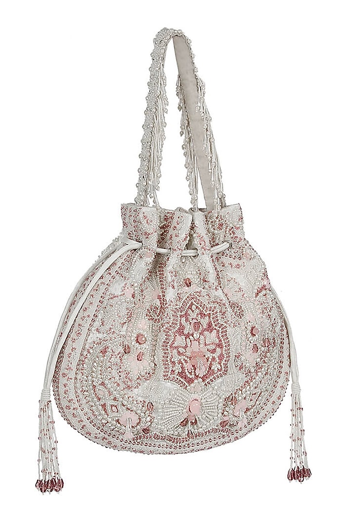 Pristine Ivory & Rose Quartz Pink Embroidered Potli by Lovetobag at Pernia's Pop Up Shop