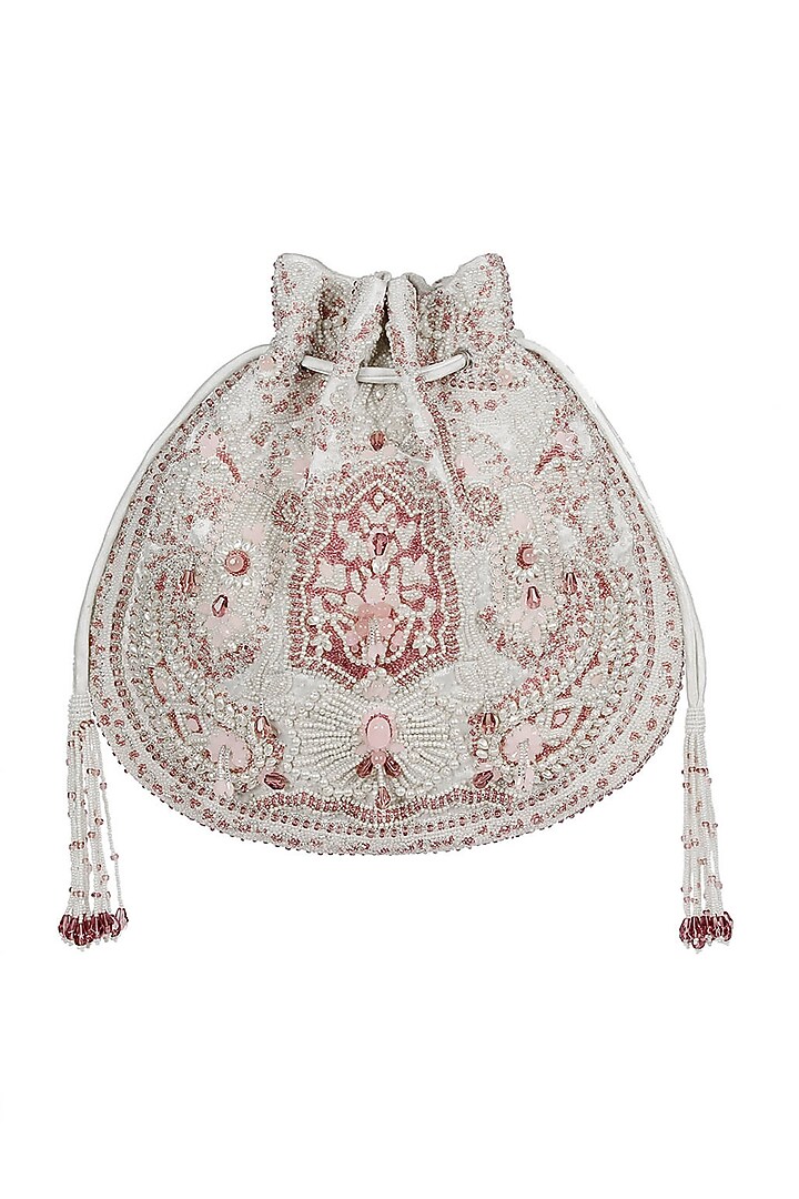 Pristine Ivory & Rose Quartz Pink Embroidered Potli by Lovetobag at Pernia's Pop Up Shop