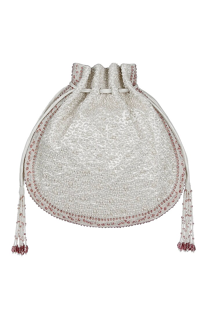 Pristine Ivory & Rose Quartz Pink Embroidered Potli by Lovetobag at Pernia's Pop Up Shop