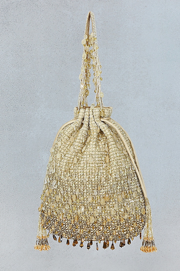 Gold Hand Embroidered Potli With Handle by Lovetobag at Pernia's Pop Up Shop