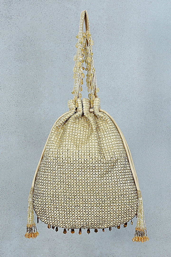 Gold Hand Embroidered Potli With Handle by Lovetobag at Pernia's Pop Up Shop