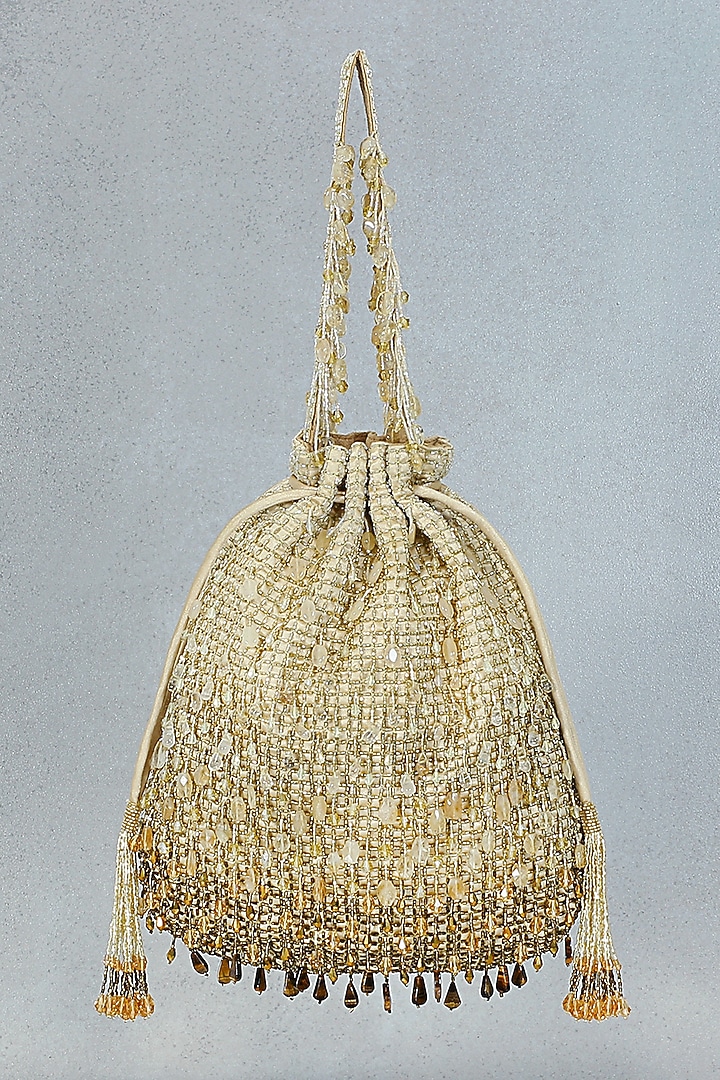 Gold Hand Embroidered Potli With Handle by Lovetobag at Pernia's Pop Up Shop