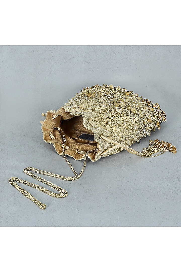 Gold Hand Embroidered Potli With Handle by Lovetobag at Pernia's Pop Up Shop