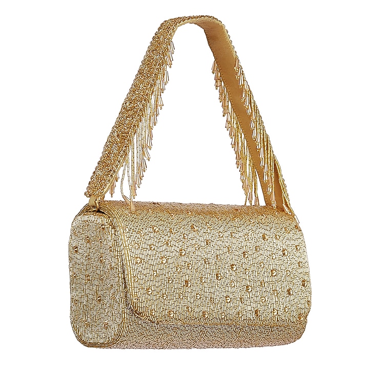 Gold Embroidered Flapover Clutch With Handle by Lovetobag at Pernia's Pop Up Shop