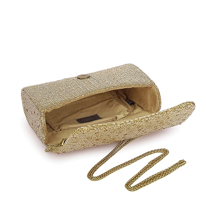Gold Embroidered Flapover Clutch With Handle by Lovetobag at Pernia's Pop Up Shop