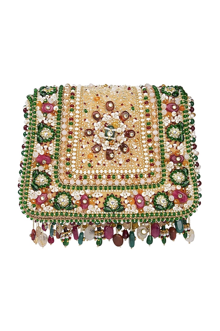 Ruby Red & Emerald Green Velvet Embellished Trapezium Clutch by Lovetobag at Pernia's Pop Up Shop