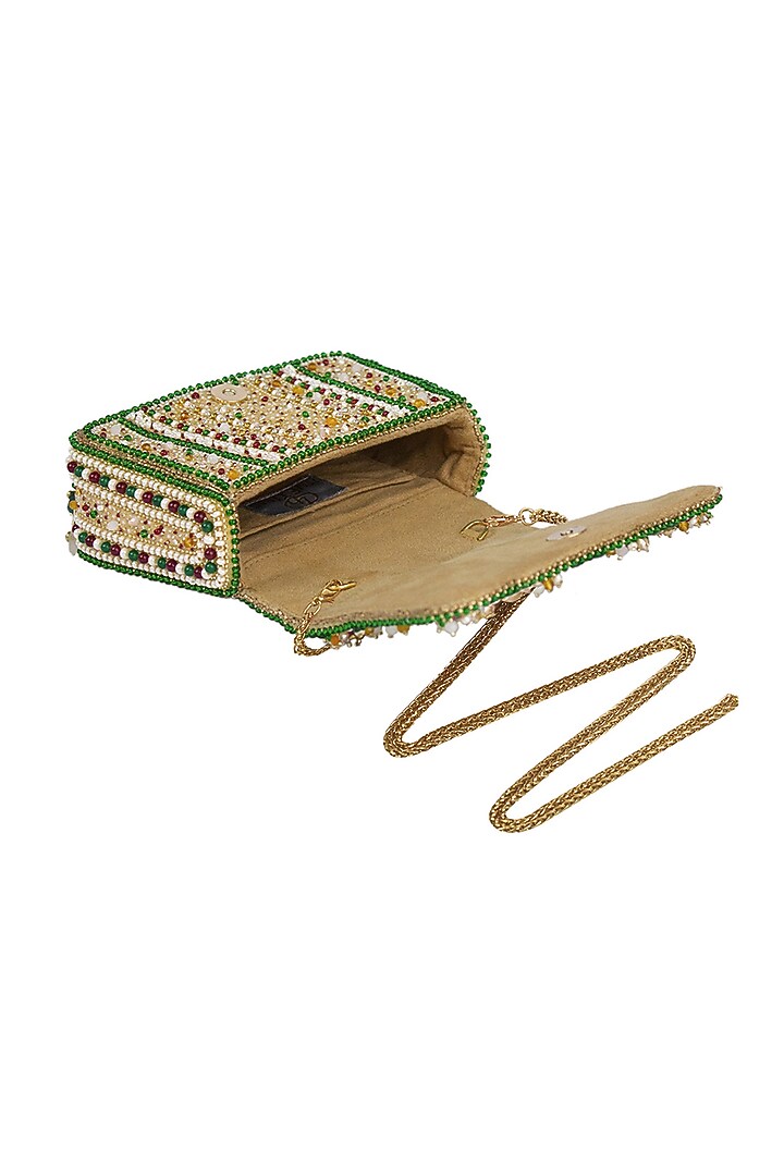 Ruby Red & Emerald Green Velvet Embellished Trapezium Clutch by Lovetobag at Pernia's Pop Up Shop
