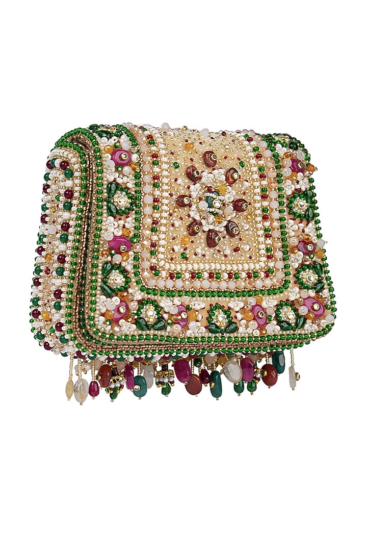 Ruby Red & Emerald Green Velvet Embellished Trapezium Clutch by Lovetobag at Pernia's Pop Up Shop