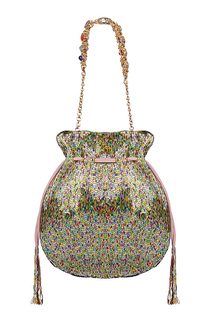 Multi-Colored Satin Hand Embroidered Potli by Lovetobag at Pernia's Pop Up Shop