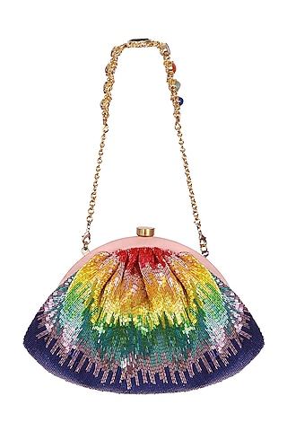 Multi-Colored Satin Hand Embroidered Pouch by Lovetobag