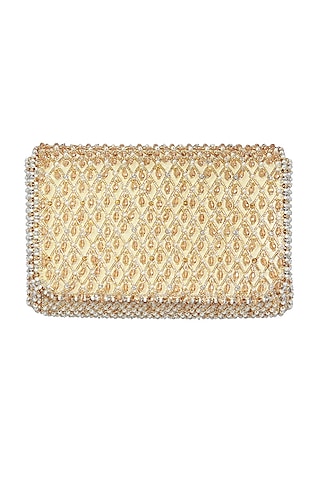 Gold Satin Bead Work Flapover Clutch by Lovetobag