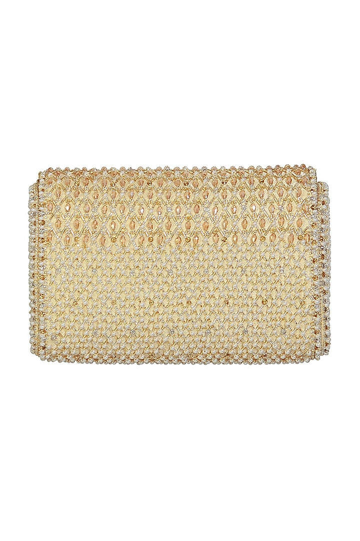 Gold Satin Bead Work Flapover Clutch by Lovetobag at Pernia's Pop Up Shop