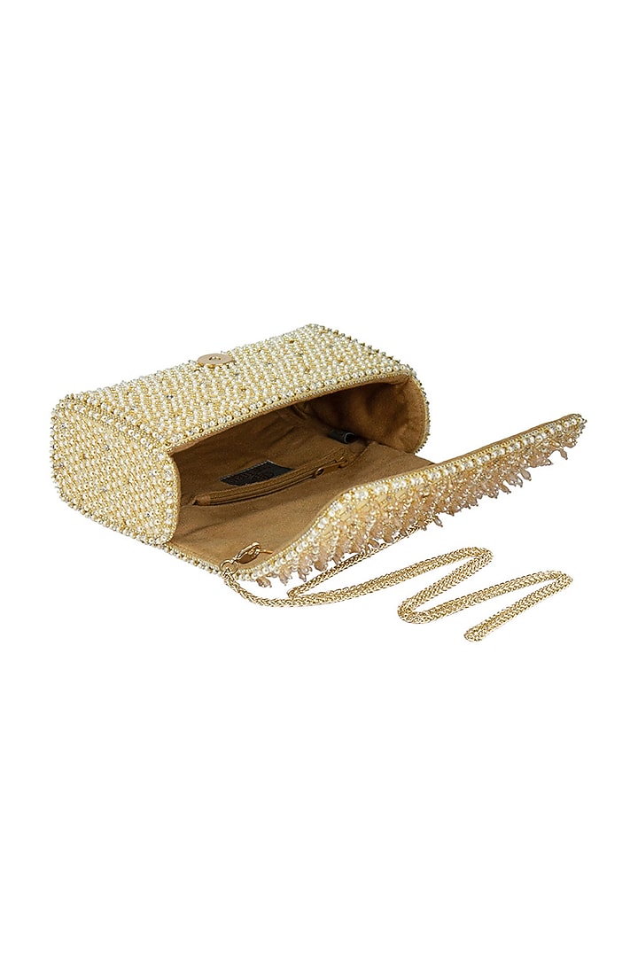 Gold Satin Bead Work Flapover Clutch by Lovetobag at Pernia's Pop Up Shop