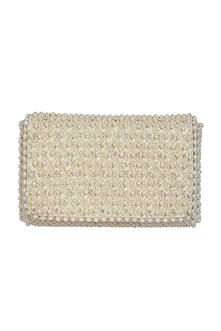 White Satin Pearl Work Flapover Clutch by Lovetobag at Pernia's Pop Up Shop