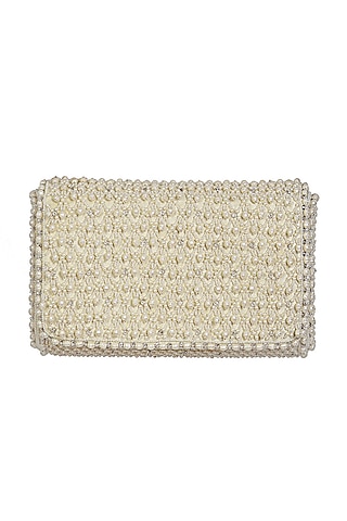 White Satin Pearl Work Flapover Clutch by Lovetobag