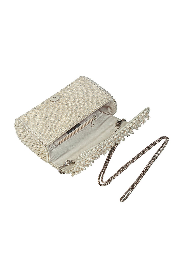 White Satin Pearl Work Flapover Clutch by Lovetobag at Pernia's Pop Up Shop