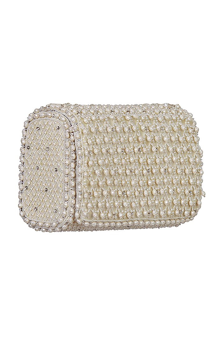 White Satin Pearl Work Flapover Clutch by Lovetobag at Pernia's Pop Up Shop