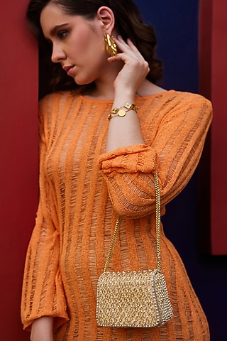Gold Satin Bead Work Trapezium Mini Clutch by Lovetobag