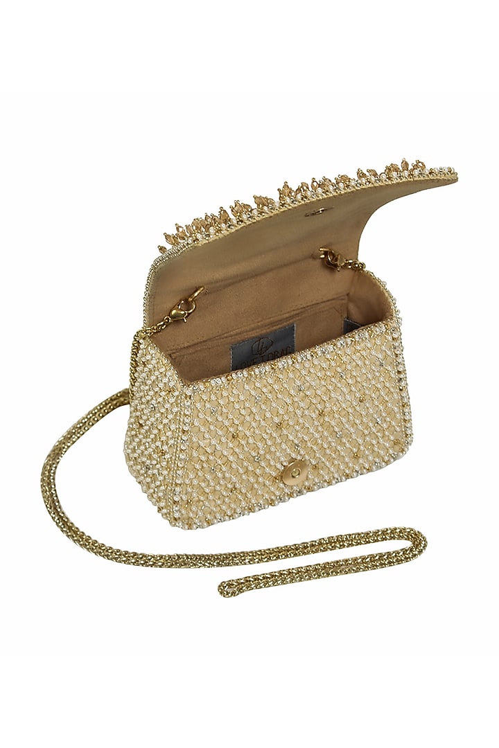 Gold Satin Bead Work Trapezium Mini Clutch by Lovetobag at Pernia's Pop Up Shop