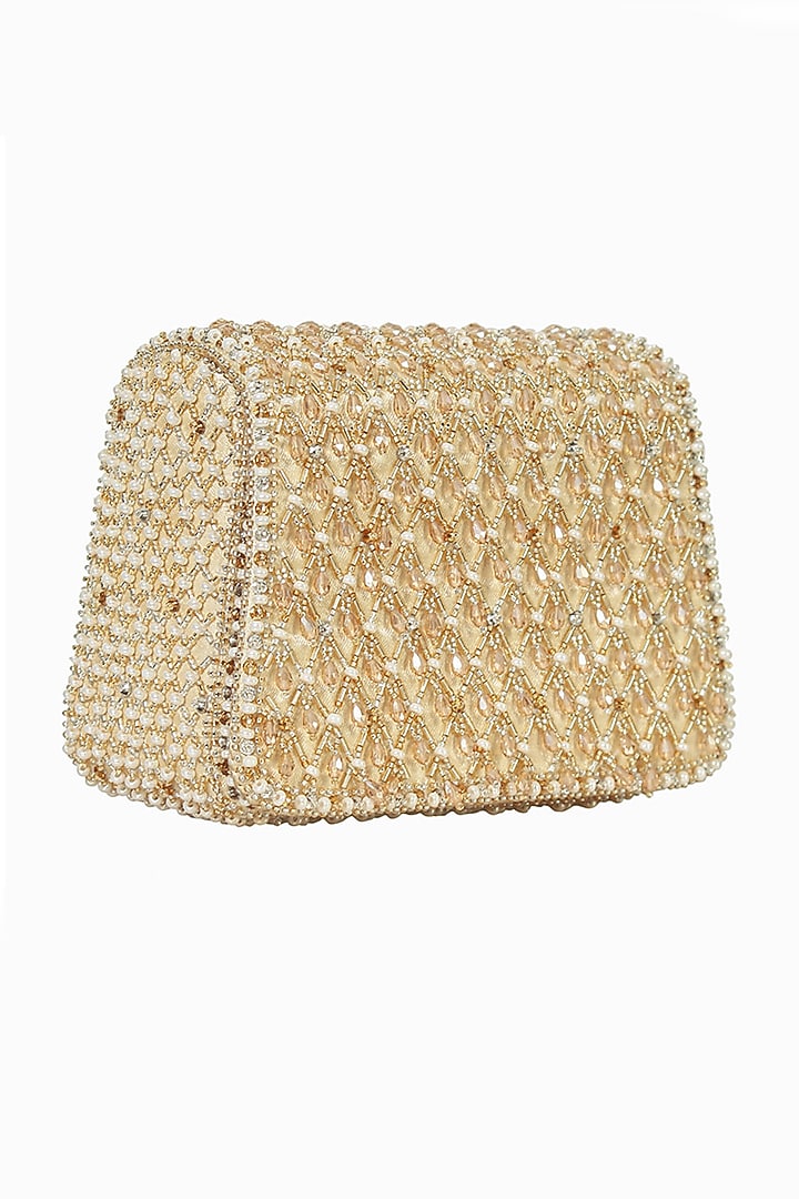 Gold Satin Bead Work Trapezium Mini Clutch by Lovetobag at Pernia's Pop Up Shop