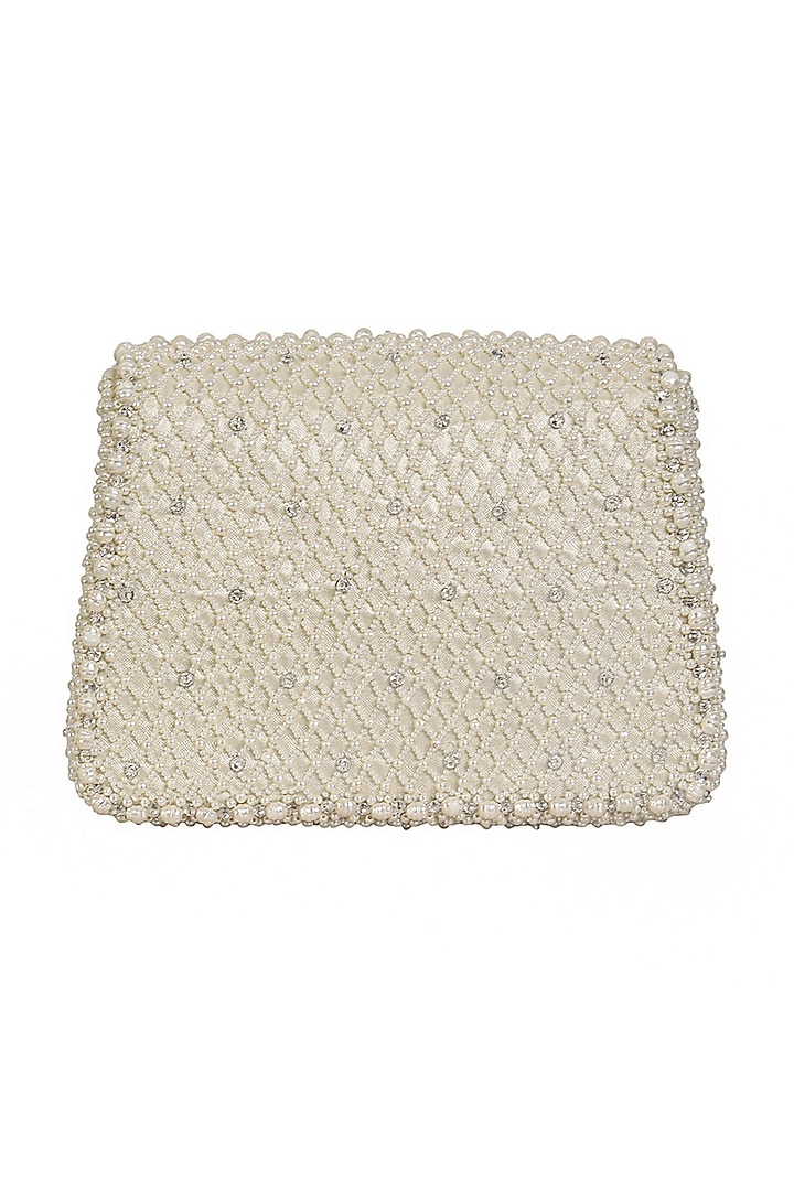 White Satin Bead Work Trapezium Mini Clutch by Lovetobag at Pernia's Pop Up Shop