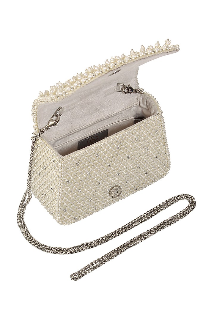 White Satin Bead Work Trapezium Mini Clutch by Lovetobag at Pernia's Pop Up Shop