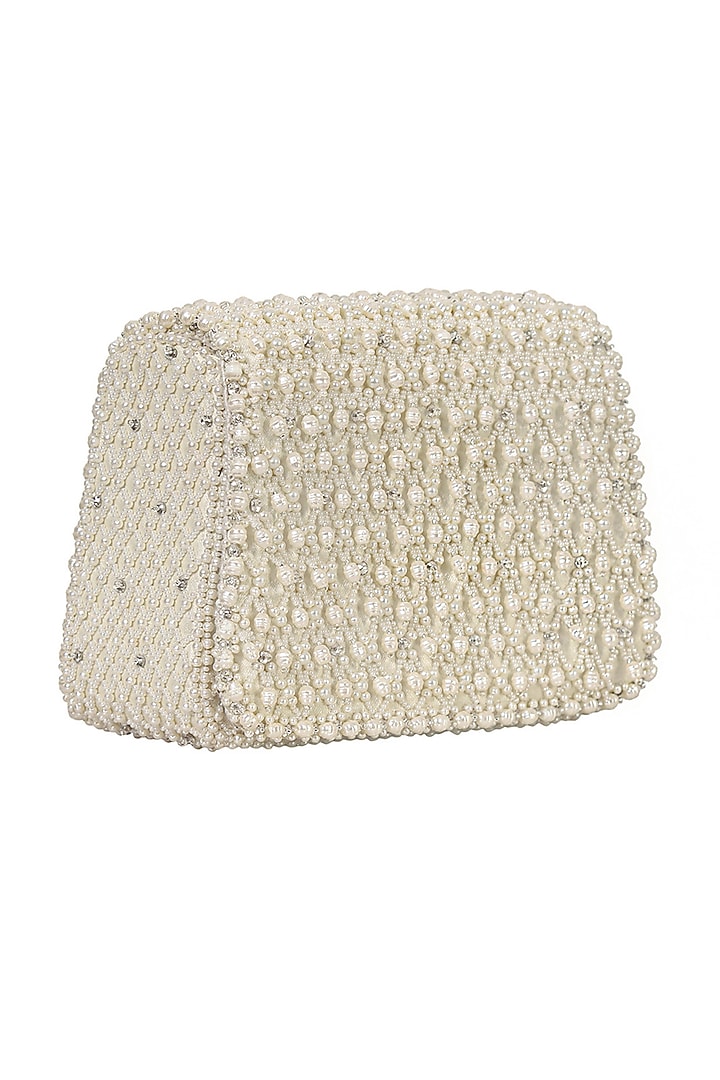 White Satin Bead Work Trapezium Mini Clutch by Lovetobag at Pernia's Pop Up Shop