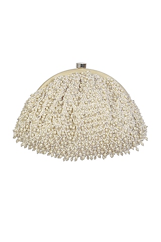 White Satin Bead Work Clutch by Lovetobag