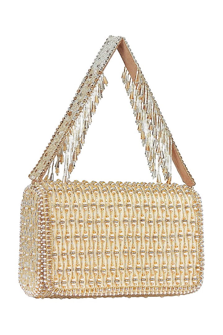 Gold Satin Crystal Embroidered Flapover Clutch by Lovetobag at Pernia's Pop Up Shop
