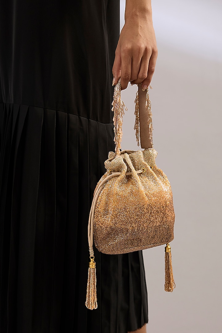 Gold Satin Hand Embroidered Potli by Lovetobag at Pernia's Pop Up Shop