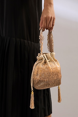 Gold Satin Hand Embroidered Potli by Lovetobag
